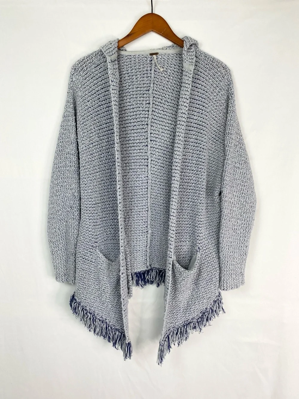 Free People Love Me Tender Hooded Fringe Cardigan Blue Size Small Knit Crochet